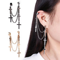 Punk Multi Layered Cross Chain Dangle Drop ต่างหูสำหรับผู้หญิงผู้ชาย Hip Hop Black Threader พู่หู Cuff Unisex เครื่องประดับ Gifts