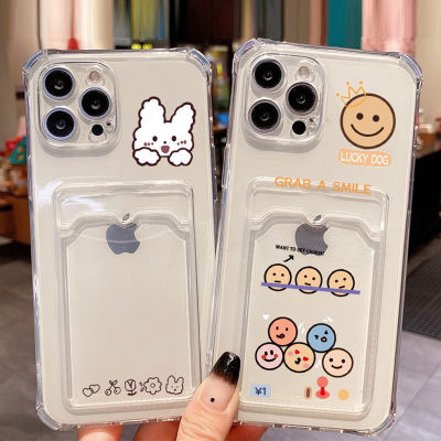 หมีกระต่ายน่ารัก Soft เคสซิลิโคน เข้ากันได้สำหรับ เคส iPhone 11 12 13 Pro Max XS XR X 7 8 Plus SE 2020 ใสบัตรกระเป๋าสตางค์เคสโทรศัพท์