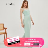 Lovito ชจั๊มสูท ขากว้าง สไตล์วินเทจ สีพื้น L20D250 (สีฟ้า)