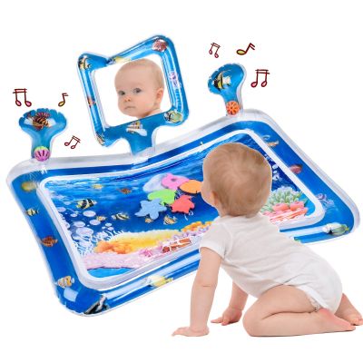 Baby Water Mat for Infants Toddlers Inflatable Play Mat with Mirror Rattle Buzzer PVC Fun Play Activity Center Tummy Time Toys