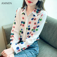 AMMIN 2023เสื้อแฟชั่นผ้าชีฟองกระดุมแถวเดียวที่มองไม่เห็นสำหรับผู้หญิงสไตล์เกาหลีวินเทจพิมพ์ลายลายจุดสี