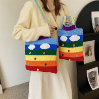 Casual Portable Travel Bag Beach Women Crochet Bag Handmade Rainbow Knitted Woven