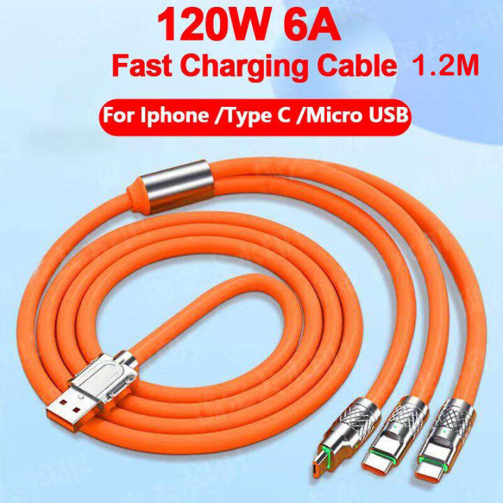 120W 6A 3 In 1 Super Charging Cable Micro USB TypeC Fast Charger Micro