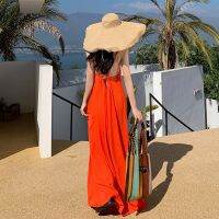 Cotton seersucker harness new orange summer vacation backless dress female a summer vacation