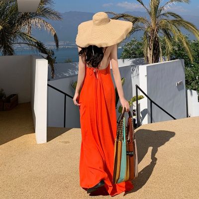 Cotton seersucker harness new orange summer vacation backless dress female a summer vacation