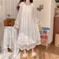 Lace Sleeping DressSuit Ladies Lingerie Romantic Patchwork Vintage Nightgowns Lolita Nighty White Long Sleepwear Homewear