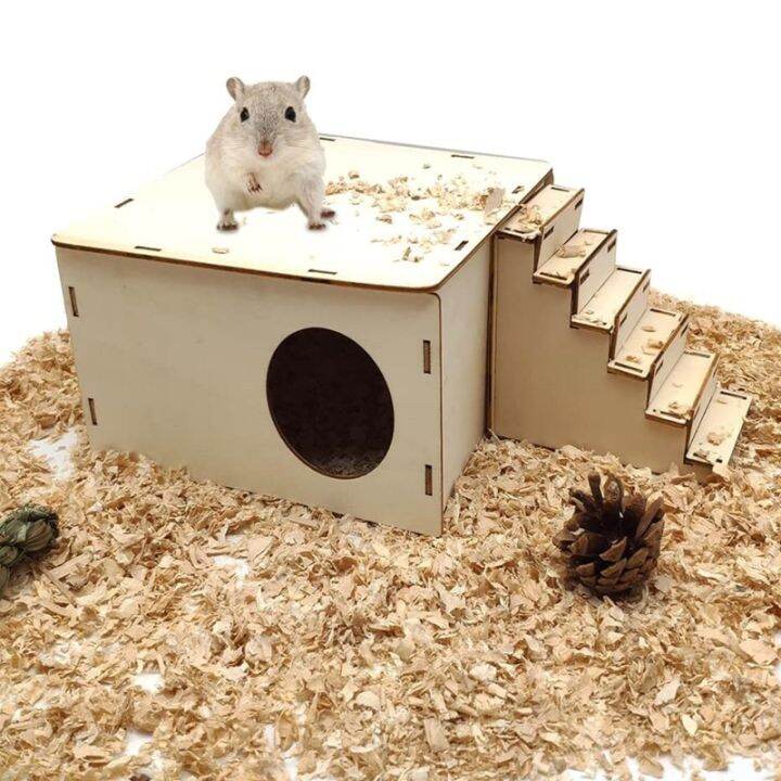 บ้านหนูแฮมสเตอร์ปีนบันไดไม้-hideout-nest-habitat-decor-สำหรับ-mini-gerbils-golden-bears-หนูตะเภาสัตว์เลี้ยงขนาดเล็ก