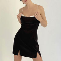 beautifultime Women Sling Dress, Sleeveless Contrast Color Slit Hem Low-Cut High Waist One-Piece Garment