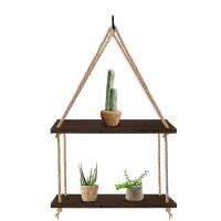 2X Hanging Shelves for Wall, 2 Tier Antique Wood Floating Hanging Shelf with Handmade Twine Weaving Process, for Bedroom