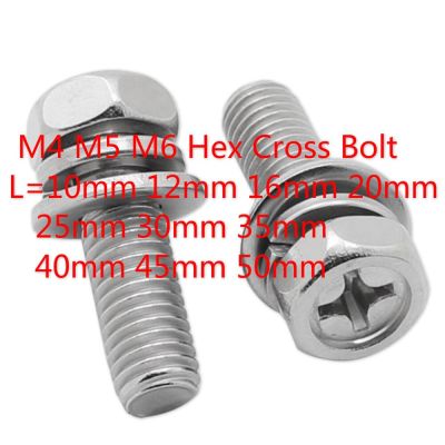 40pcs M4 M5 M6 Hex Cross Bolt Phillips Head Phillips Hexagon Screws Flat Spring Washers 304 Stainless Steel L=10-50mm 16mm 30mm Nails  Screws Fastener