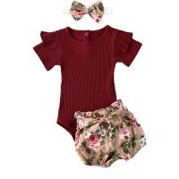 0-24M Baby Girls  3PCS Clothes Set Purplish Red Fly Sleeve Romper Flower Print Shorts Bow Newborn Infant Summer Set  by Hs2023