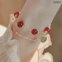 YUNZE Fu กำไลข้อมือสร้อยข้อมือลูกปัดสีแดงแบบมีตัวอักษรสองชั้นหรูหราลูกปัดสีแดงเบาหรูหราสำหรับเป็นของขวัญเครื่องประดับจับคู่แฟชั่นสำหรับผู้หญิง