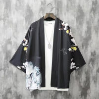 Men Cardigan Jacket Plum Blossom Bird Printing Tops Chinese Style Japanese Robe Retro Jacket