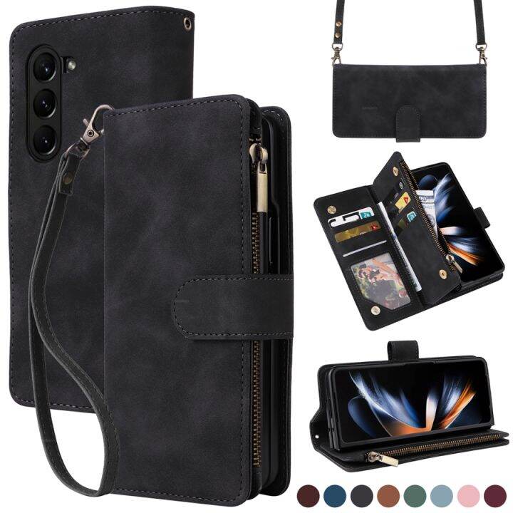 crossbody-หลายช่องเสียบการ์ดซิปกระเป๋าสตางค์ซองหนังพลิกแม่เหล็กสำหรับ-samsung-galaxy-z-fold5พร้อมฟังก์ชั่นยึดพับ5-cover