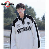 KYUSHUAD เสื้อสเวตเชิ้ตผู้ชาย เสื้อโปโลบล็อกสีพิมพ์ลายแขนยาวหลวมคอปก