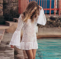 Women Swimsuit Cover Up Sleeve Kaftan Beach Tunic Dress Robe De Plage White Cotton Pareo High Collar Beachwear Caftan Dress