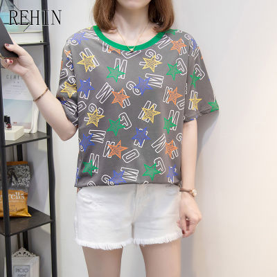 REHIN Women S Top Plus Size Letter Print Short-Sleeved T-Shirt Round Neck New Korean Version Loose S-XL Cotton Blouse