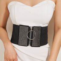 【cw】 Punk Metal Studded Elastic Corset BeltWomen Designer WaistBrand Fashion FemaleSkirt CoatGirdle