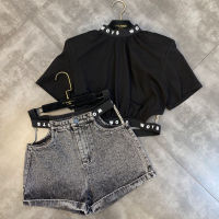 PREPOMP 2021 Fashion Design Short Sleeve Stand Collar Crop Top Tshirt Denim Shorts Hollow Out Waist Two Piece Set Outfits GC041