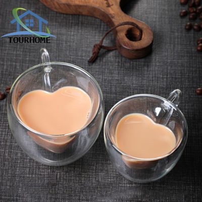 TOURHOME 80/180/240ML Heart Love Shaped Double Wall แก้วแก้ว Creative และบุคลิกภาพ Lover ถ้วยกาแฟแก้วของขวัญสำหรับดื่มกาแฟหรือชานม