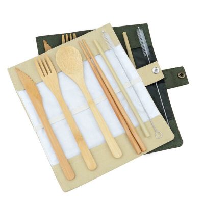 Creative 7pcs/set Bamboo Cutlery Set Travel Eco-friendly Fork Spoon Straw Set With Cloth Bag Portable Kitchen Picnic Tableware Flatware Sets