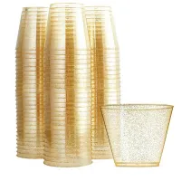 Gold Plastic Cups Clear Plastic Wine Glasses, Fancy Disposable Hard Plastic Cups with Gold Glitter for Party Cups