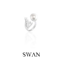 SWAN - Stone Pearl Open Ring แหวนเงินแท้ มุกแท้ มุกน้ำจืด ฝังเพชรคิวบิกเซอร์โคเนีย cubic zirconia ฟรีไซส์