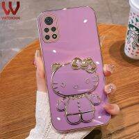 VWTEROKAI 3D น่ารักแฟชั่นเฮลโลคิตตี้ที่ใส่ขาตั้งกระจกเครื่องสำอางแบบไฟฟ้าเคสโทรศัพท์สำหรับ Xiaomi Redmi Note 8 Pro Note 9S Note 10S Note 10S Note 11 Pro Note 12 Pro Note 5ฝาครอบหลังซิลิโคนชุบทองเรียบโปร