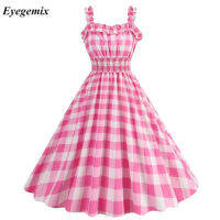 KKHalter สีชมพู Swing Casual ฤดูร้อน2023สูงเอว Hepburn Vintage Robe Rockabilly แม่บ้าน50S 60S Pinup Dressesq11