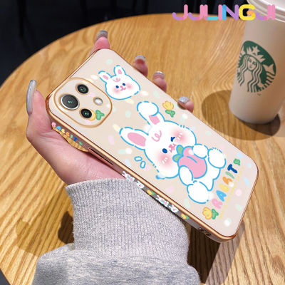 Jlingji เคสสำหรับ Xiaomi MI 11 Lite 4G 11 Lite 5G 11 Lite 5G 11 Lite 5G Ne กระต่ายสีขาวน่ารักการ์ตูนสุดหรูกรอบชุบสี่เหลี่ยมเคสมือถือกรอบด้านหลังซิลิโคนกันกระแทกเคสป้องกันเลนส์กล้อง