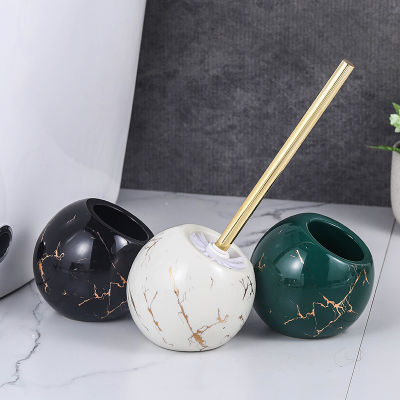 Nordic Ceramic Toilet Brush Round Shape Floor-standing with Base Long Handle Clean Brush Marbling Luxury Bathroom Accessories