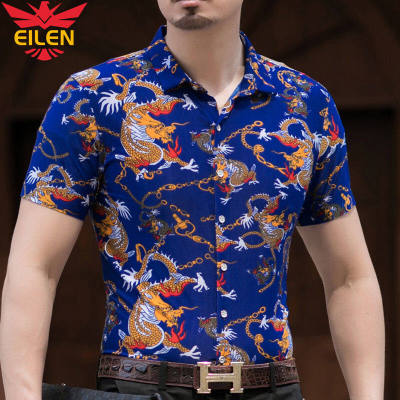 EILEN เสื้อเชิ้ตแขนสั้นผู้ชาย,เสื้อเชิ้ตดอกไม้น้ำแข็งคอเหลี่ยมทรงหลวมลำลองไม่มีรอยรีด