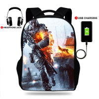 17inch High Quality Battlefield Print USB Charge School Bags Students School Rucksack For Teenager Boys&amp;Girls Backpack Gifts