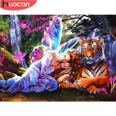 HUACAN 5D Diamond Painting Girl Tiger Full Square Cross Stitch Kit Handcraft Animal Crystal Icon Rhinestones Beaded Picture
