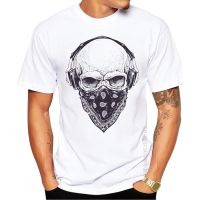 Men T Shirts Skull With Headphones Design Crew Neck Casual Tops Hipster Vintage Printed T-Shirt Cool Tee 【Size S-4XL-5XL-6XL】