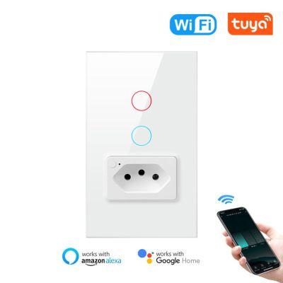 Tuya Brazil WiFi Wall Switch Timing With Socket Touch Glass Panel 1/2gang Outlet Smart Life App Remote For Alexa Google