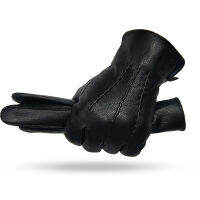 New Winter Mens Leather Gloves Warm Soft Black Sewing Design Mittenskin Buckskin Gloves Imitate Wool Lining Free Shipping