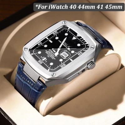 Stainless Steel Case For Apple Watch Series 7 8 45mm 41mm 6 5 4 SE 44mm 40mm For iWatch Leather Modification Kit Mod Frame Bezel Straps