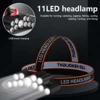 VIRWIR ไฟหน้า11LED สว่างมากลูเมนสูงน้ำหนักเบาหัวหลอดไฟหน้ากันน้ำแบบชาร์จ USB สำหรับวิ่งกลางแจ้งการเดินป่าการตั้งแคมป์