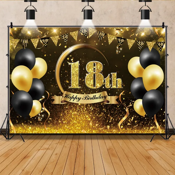 18th Birthday Backdrop Black Gold Glitter Boys Girls 18 Years Old ...