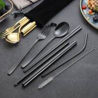 Pandeat (7in1) 304 stainless steel straw tableware spoon fork chopstick set with pouch