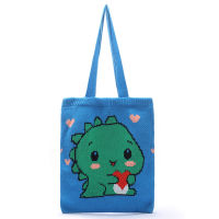 Women Knitting Crochet Top-handle Tote Bag Teenager Cute Cartoon Dinosaur Pattern Soft Woolen Yarn Open Shopping Shopper Handbag