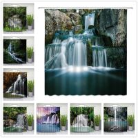 Natural landscape Shower Curtains Summer forest High mountain Blue sky cloud waterfall Bathroom Decor Waterproof Cloth Curtain