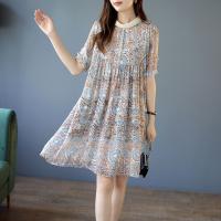 【CW】 dress female 2023 summer Korean version ribbon floral chiffon women loose fashion short sleeve medium length