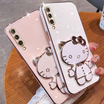 Folding Makeup Mirror Phone Case For Huawei Y9S  Case Fashion Cartoon Cute Cat Multifunctional Bracket Plating TPU Soft Cover Casing