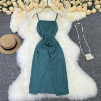 Light blue skirt with shoulder-straps summer new sexy ripe wind show thin holiday split package of tall waist hip dress