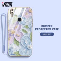 VRQR เคสสำหรับ Vivo V11 Pro Y85 V9 Youth Y97 V11i 1804 1814 1726 1727 1806 โทรศัพท์ สไตล์ภาพวาดภาพสีน้ำมันดอกไม้กรอบเคสนิ่มเคลือบอิเล็คโทรเพลทแบนพร้อมฟรีสายคล้อง