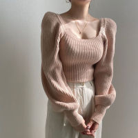 Fashion Sweet Square Collar Sweaters Women 2021 Winter New Long Lantern Sleeve Solid Color All-match Thick Knitted Pullovers Top