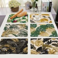 32x42cm Green Tropical Leaves Kitchen Mat Golden Print Plant Dining Table Mat Coaster Pad Bowl Cup Heat Insulation Placemat