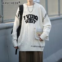 MAYCHEER เสื้อกันหนาวเท่ๆ เสื้อกันหนาว ครูว์เน็คแฟชั่นผู้ชายหลวมญี่ปุ่นหลวมขี้เกียจสวมเชือกซอกคู่เสื้อถัก